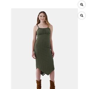 No Boundaries Green Asymmetrical Sheath Midi Dress